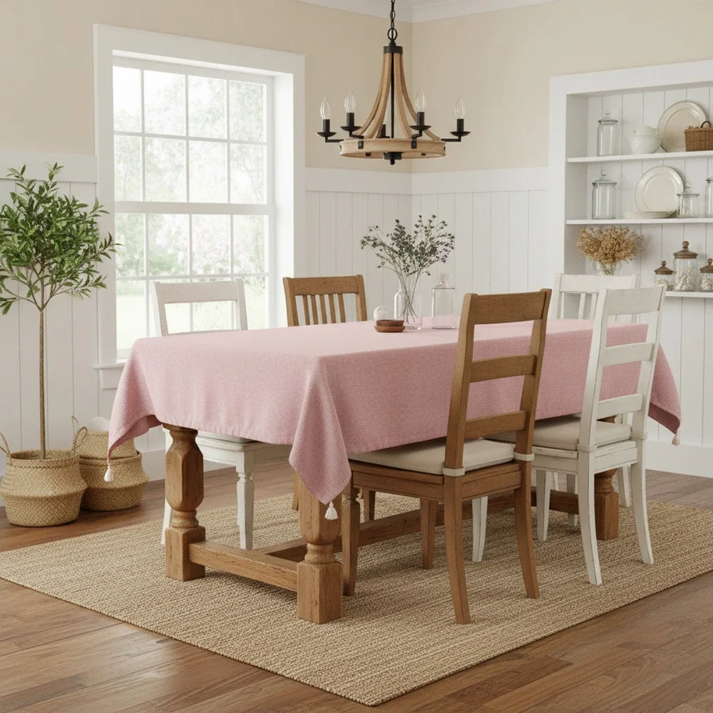 NEW Farmhouse Cottage Rectangle Pink Cotton Linen Table Cloth Tassels 71